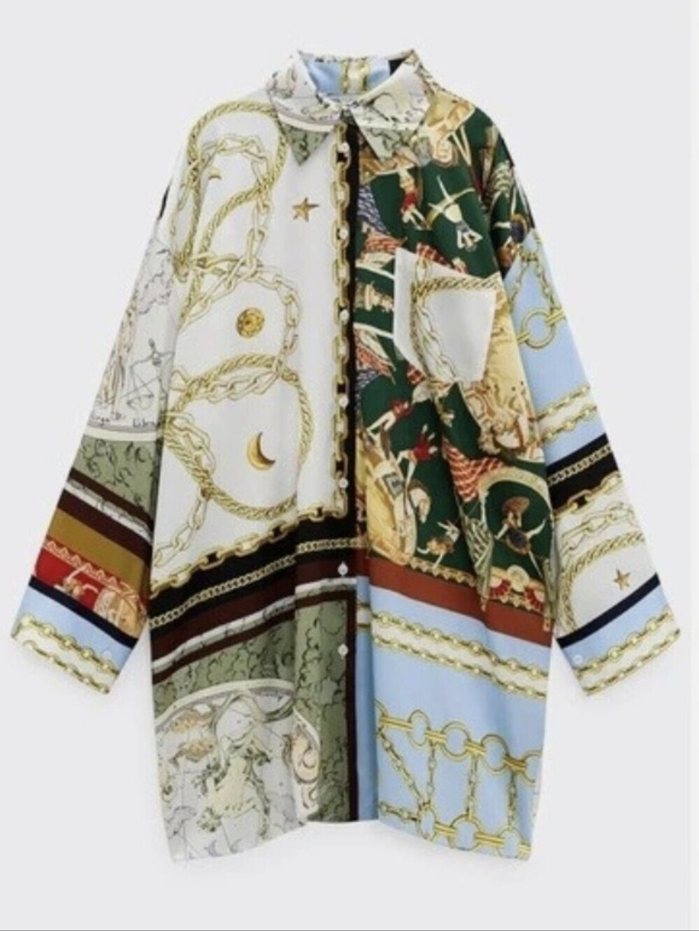 Zara Zodiac, Chain & Circus Print Pajama-style Oversized Satin Shirt (Size XS/S)